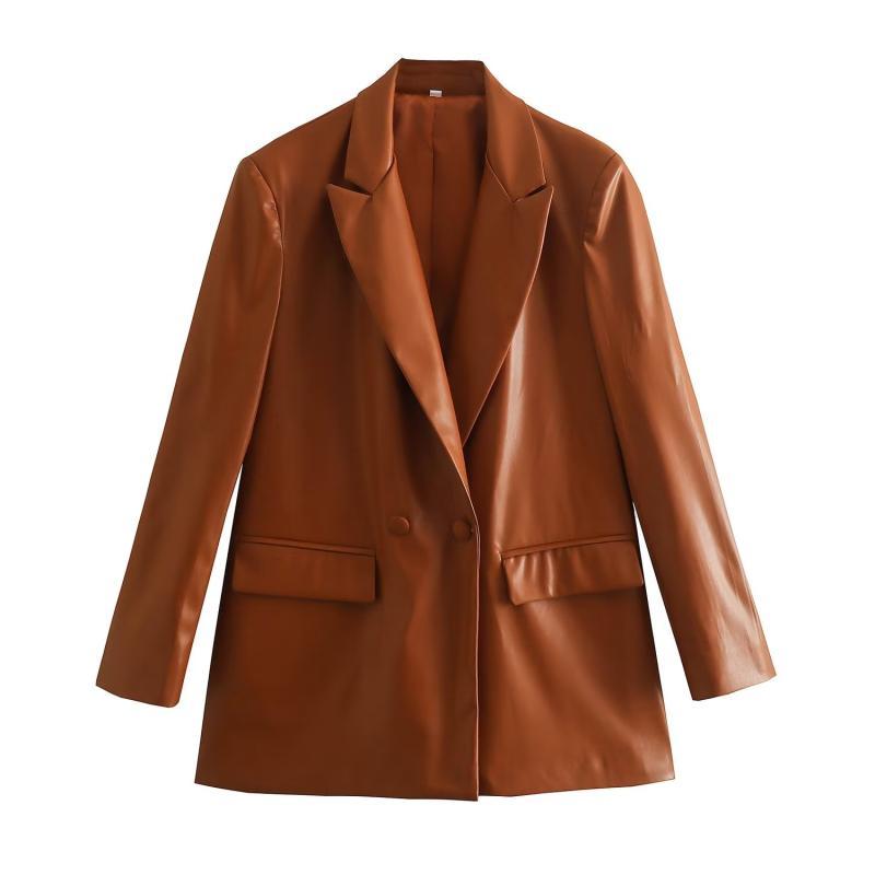 Spring Women Korean Loose Brown Faux Leather Suit Jacket Casual Streetwear Lapel Double-breasted Long Sleeve Female Blazers Coat