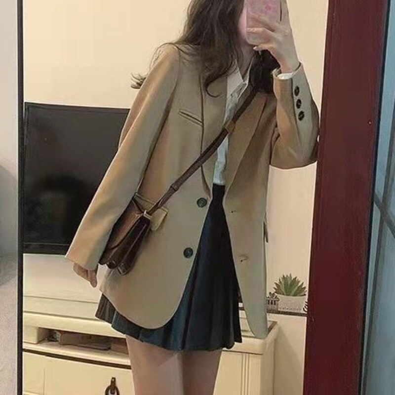 Korean Fashion Brown Suit Coat Women Spring Autumn Single-breasted Slim Blazer Jacket Casual Long Sleeve Female Outerwear
