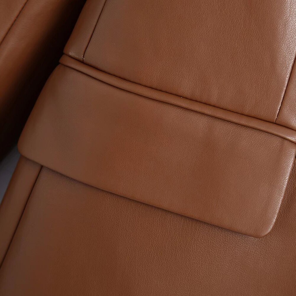 Klacwaya Women's Jacket For Women 2021 Leather Blazer Women's Autumn Brown Vintage Double Breasted Women Leather Suit Jacket Klacwaya Women's Jacket For Women 2021 Leather Blazer Women's Autumn Brown Vintage Double Breasted Women Leather Suit Jacket