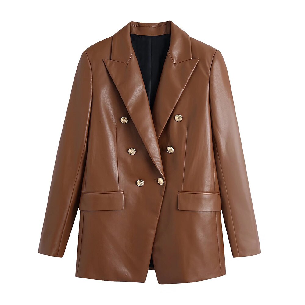 Klacwaya Women's Jacket For Women 2021 Leather Blazer Women's Autumn Brown Vintage Double Breasted Women Leather Suit Jacket Klacwaya Women's Jacket For Women 2021 Leather Blazer Women's Autumn Brown Vintage Double Breasted Women Leather Suit Jacket