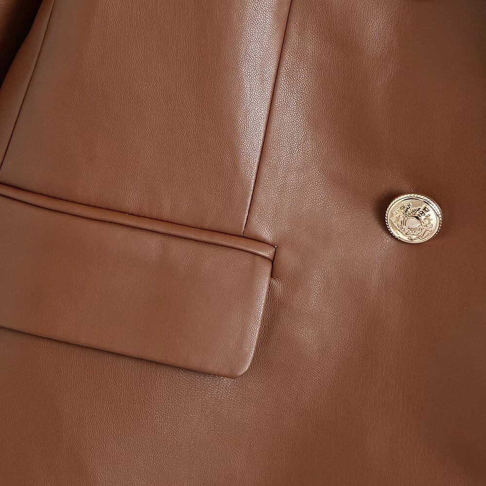 Klacwaya Women's Jacket For Women 2021 Leather Blazer Women's Autumn Brown Vintage Double Breasted Women Leather Suit Jacket Klacwaya Women's Jacket For Women 2021 Leather Blazer Women's Autumn Brown Vintage Double Breasted Women Leather Suit Jacket