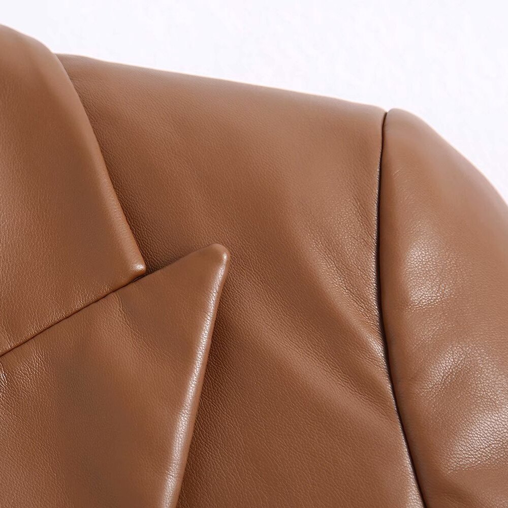 Klacwaya Women's Jacket For Women 2021 Leather Blazer Women's Autumn Brown Vintage Double Breasted Women Leather Suit Jacket Klacwaya Women's Jacket For Women 2021 Leather Blazer Women's Autumn Brown Vintage Double Breasted Women Leather Suit Jacket