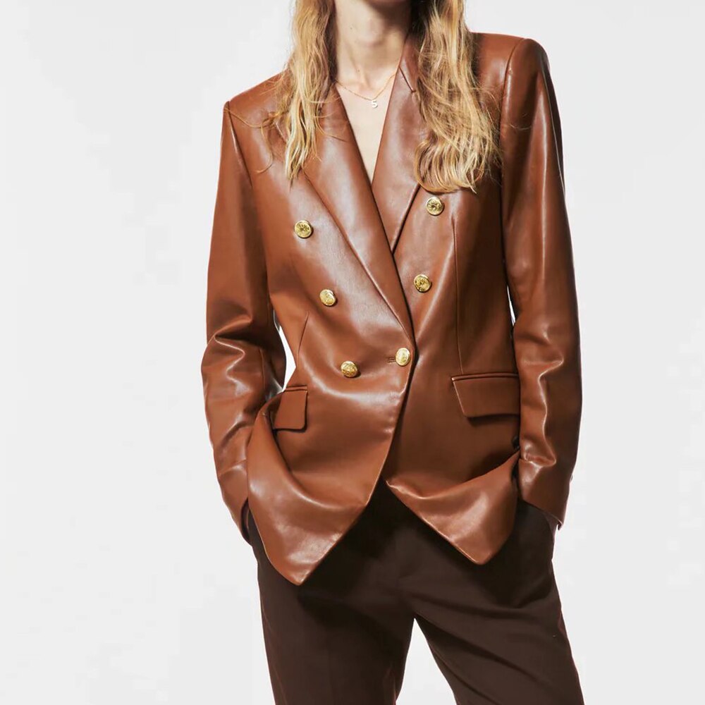 Klacwaya Women's Jacket For Women 2021 Leather Blazer Women's Autumn Brown Vintage Double Breasted Women Leather Suit Jacket Klacwaya Women's Jacket For Women 2021 Leather Blazer Women's Autumn Brown Vintage Double Breasted Women Leather Suit Jacket