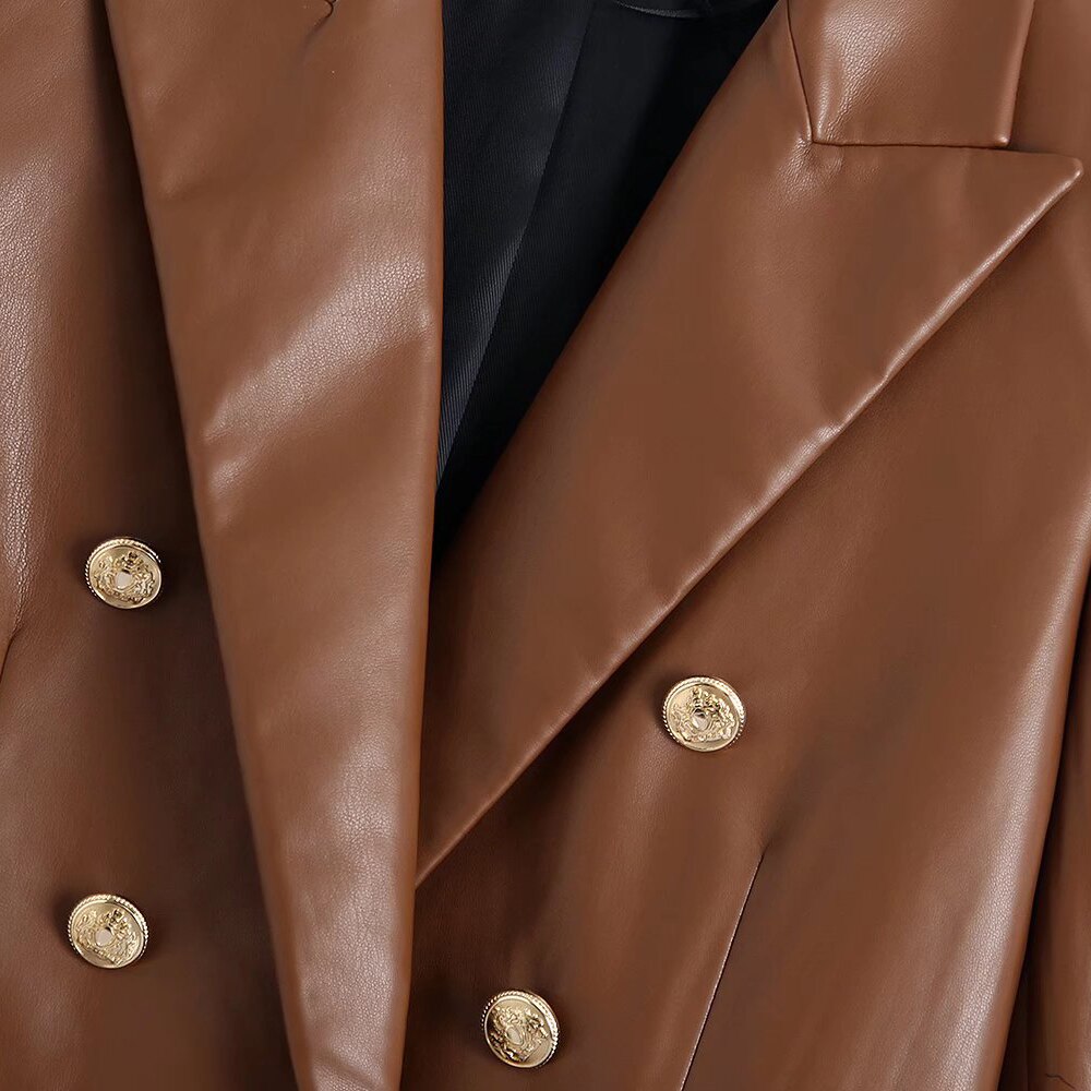 Klacwaya Women's Jacket For Women 2021 Leather Blazer Women's Autumn Brown Vintage Double Breasted Women Leather Suit Jacket Klacwaya Women's Jacket For Women 2021 Leather Blazer Women's Autumn Brown Vintage Double Breasted Women Leather Suit Jacket