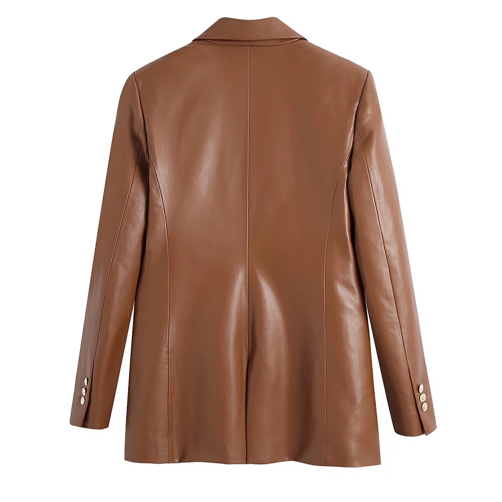 Klacwaya Women's Jacket For Women 2021 Leather Blazer Women's Autumn Brown Vintage Double Breasted Women Leather Suit Jacket Klacwaya Women's Jacket For Women 2021 Leather Blazer Women's Autumn Brown Vintage Double Breasted Women Leather Suit Jacket