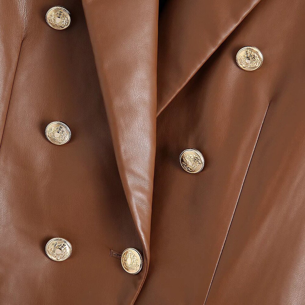 Klacwaya Women's Jacket For Women 2021 Leather Blazer Women's Autumn Brown Vintage Double Breasted Women Leather Suit Jacket Klacwaya Women's Jacket For Women 2021 Leather Blazer Women's Autumn Brown Vintage Double Breasted Women Leather Suit Jacket