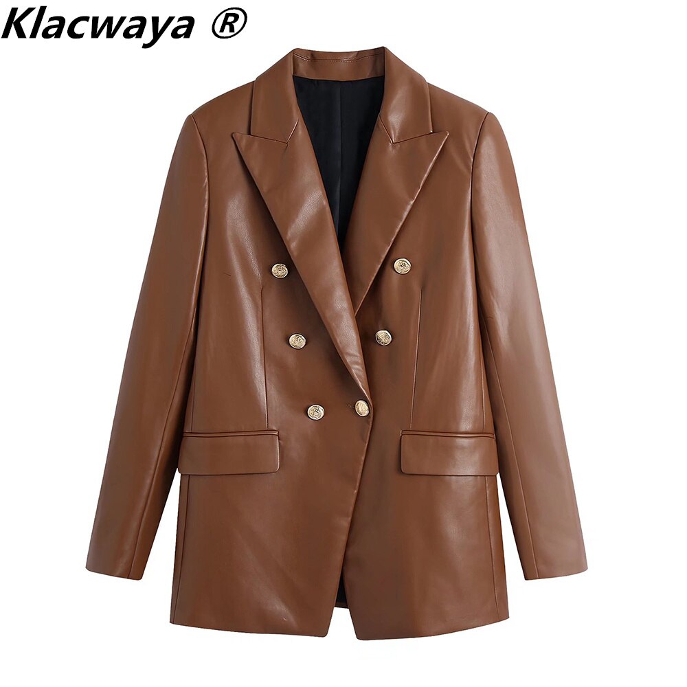 Klacwaya Women's Jacket For Women 2021 Leather Blazer Women's Autumn Brown Vintage Double Breasted Women Leather Suit Jacket