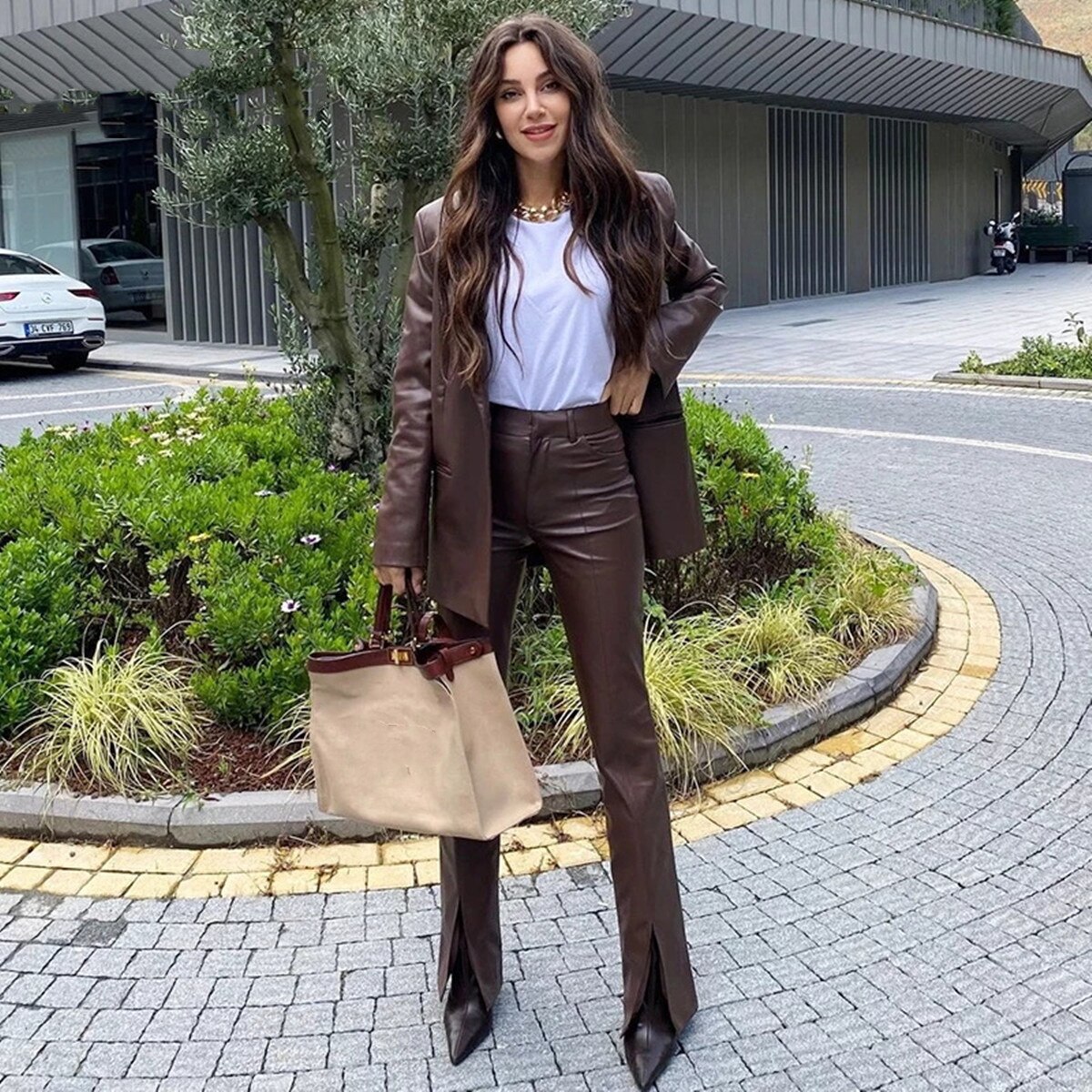 Leather Brown Blazer Suits 2 Pieces Slit PU Pants Streetwear Casual Daily Jacket Single Breasted Chic Custom Made Blazer Leather Brown Blazer Suits 2 Pieces Slit PU Pants Streetwear Casual Daily Jacket Single Breasted Chic Custom Made Blazer