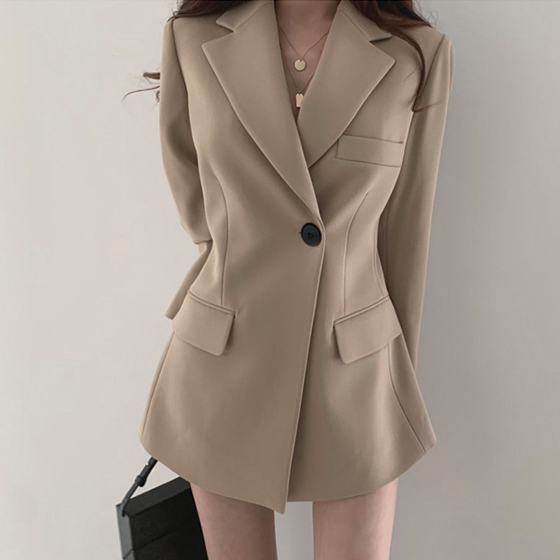 Office Casual Blazer Women Coat Women Notched Single Button Pocket Long Sleeve Suits Tops Female Solid Elegant Ins Jacket Women