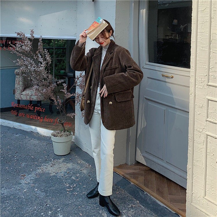 Autumn Winter Quilted Corduroy Blazers Women Fashion Vintage Brown Blazer Female Korean Casual Loose Suit Jacket Chic Autumn Winter Quilted Corduroy Blazers Women Fashion Vintage Brown Blazer Female Korean Casual Loose Suit Jacket Chic