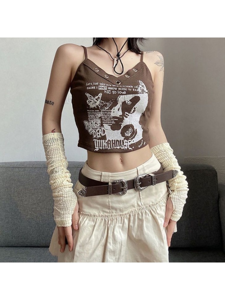 HOUZHOU Vintage Y2K Brown Graphic Tanks Top Women Grunge Fairy Streetwear Distressed Slim Crop Tops Egirl 90s Aesthetic Corset