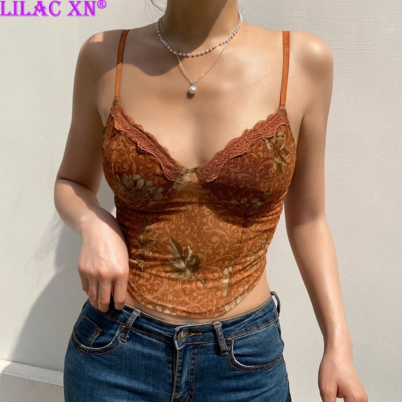 Lilac XN Sexy Floral Mesh Corset Crop Top Y2K Aesthetic Brown Bodycon Basic Tank Top Vintage Summer Clothes for Women Streetwear