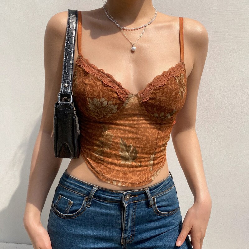 Lilac XN Sexy Floral Mesh Corset Crop Top Y2K Aesthetic Brown Bodycon Basic Tank Top Vintage Summer Clothes for Women Streetwear Lilac XN Sexy Floral Mesh Corset Crop Top Y2K Aesthetic Brown Bodycon Basic Tank Top Vintage Summer Clothes for Women Streetwear