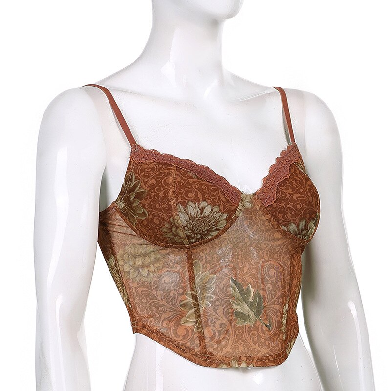 Lilac XN Sexy Floral Mesh Corset Crop Top Y2K Aesthetic Brown Bodycon Basic Tank Top Vintage Summer Clothes for Women Streetwear Lilac XN Sexy Floral Mesh Corset Crop Top Y2K Aesthetic Brown Bodycon Basic Tank Top Vintage Summer Clothes for Women Streetwear