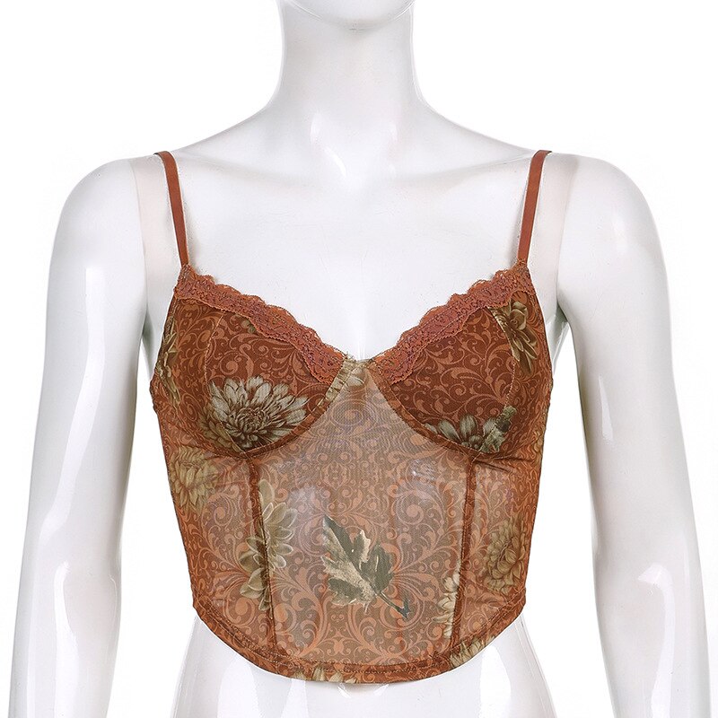 Lilac XN Sexy Floral Mesh Corset Crop Top Y2K Aesthetic Brown Bodycon Basic Tank Top Vintage Summer Clothes for Women Streetwear Lilac XN Sexy Floral Mesh Corset Crop Top Y2K Aesthetic Brown Bodycon Basic Tank Top Vintage Summer Clothes for Women Streetwear