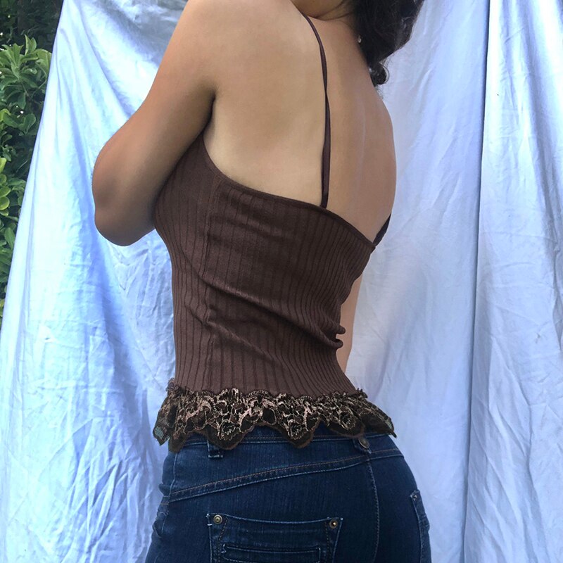 Girl Women Lace Trim Cute Kawaii Clothes Sleeveless V Neck Ribbed Knit Crop Tops Vest Brown Vintage 90s Aesthetic Cami Top