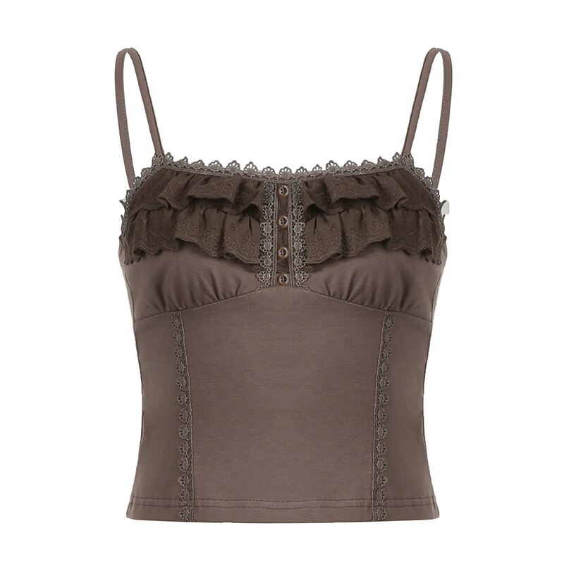 SUCHCUTE Lace Ruffles Stitch Vintage Brown Crop Top Womens Sleeveless Button Summer 2023 Grunge Slim Brown Tank Tops With Straps SUCHCUTE Lace Ruffles Stitch Vintage Brown Crop Top Womens Sleeveless Button Summer 2023 Grunge Slim Brown Tank Tops With Straps