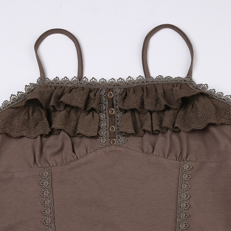 SUCHCUTE Lace Ruffles Stitch Vintage Brown Crop Top Womens Sleeveless Button Summer 2023 Grunge Slim Brown Tank Tops With Straps SUCHCUTE Lace Ruffles Stitch Vintage Brown Crop Top Womens Sleeveless Button Summer 2023 Grunge Slim Brown Tank Tops With Straps