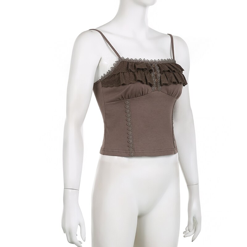 SUCHCUTE Lace Ruffles Stitch Vintage Brown Crop Top Womens Sleeveless Button Summer 2023 Grunge Slim Brown Tank Tops With Straps SUCHCUTE Lace Ruffles Stitch Vintage Brown Crop Top Womens Sleeveless Button Summer 2023 Grunge Slim Brown Tank Tops With Straps