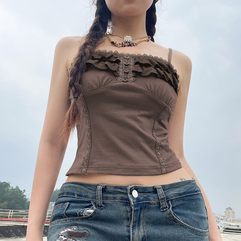 SUCHCUTE Lace Ruffles Stitch Vintage Brown Crop Top Womens Sleeveless Button Summer 2023 Grunge Slim Brown Tank Tops With Straps SUCHCUTE Lace Ruffles Stitch Vintage Brown Crop Top Womens Sleeveless Button Summer 2023 Grunge Slim Brown Tank Tops With Straps