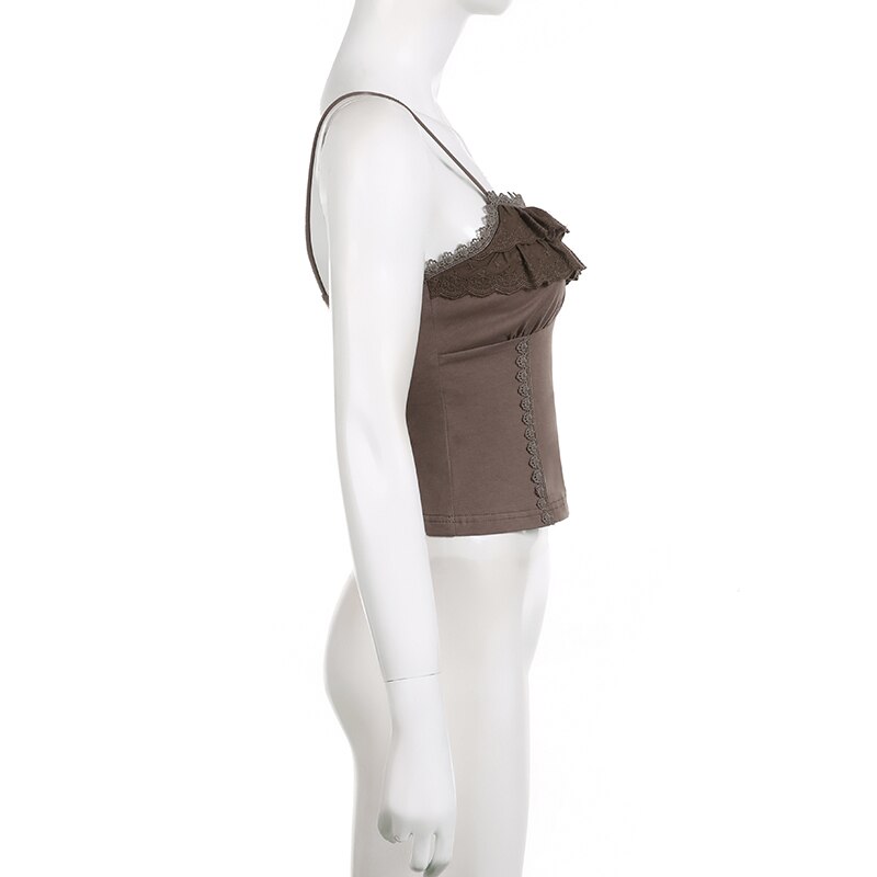 SUCHCUTE Lace Ruffles Stitch Vintage Brown Crop Top Womens Sleeveless Button Summer 2023 Grunge Slim Brown Tank Tops With Straps SUCHCUTE Lace Ruffles Stitch Vintage Brown Crop Top Womens Sleeveless Button Summer 2023 Grunge Slim Brown Tank Tops With Straps