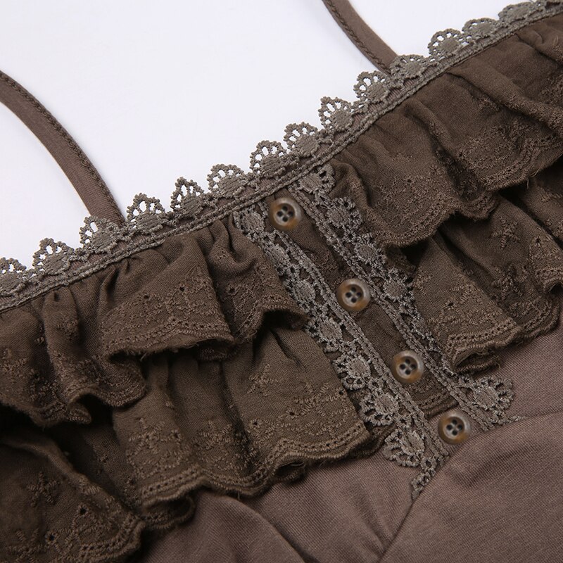 SUCHCUTE Lace Ruffles Stitch Vintage Brown Crop Top Womens Sleeveless Button Summer 2023 Grunge Slim Brown Tank Tops With Straps SUCHCUTE Lace Ruffles Stitch Vintage Brown Crop Top Womens Sleeveless Button Summer 2023 Grunge Slim Brown Tank Tops With Straps