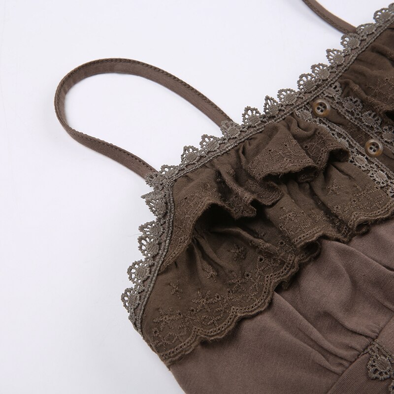 SUCHCUTE Lace Ruffles Stitch Vintage Brown Crop Top Womens Sleeveless Button Summer 2023 Grunge Slim Brown Tank Tops With Straps SUCHCUTE Lace Ruffles Stitch Vintage Brown Crop Top Womens Sleeveless Button Summer 2023 Grunge Slim Brown Tank Tops With Straps