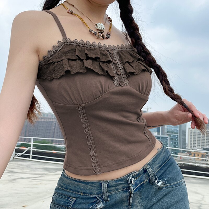 SUCHCUTE Lace Ruffles Stitch Vintage Brown Crop Top Womens Sleeveless Button Summer 2023 Grunge Slim Brown Tank Tops With Straps SUCHCUTE Lace Ruffles Stitch Vintage Brown Crop Top Womens Sleeveless Button Summer 2023 Grunge Slim Brown Tank Tops With Straps