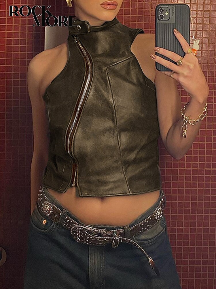 Rockmore PU Leather Zipper Crop Top y2k Streetwear Sexy Sleeveless Women Brown Punk Vests Summer Vintage Tank Tops Korean 2023