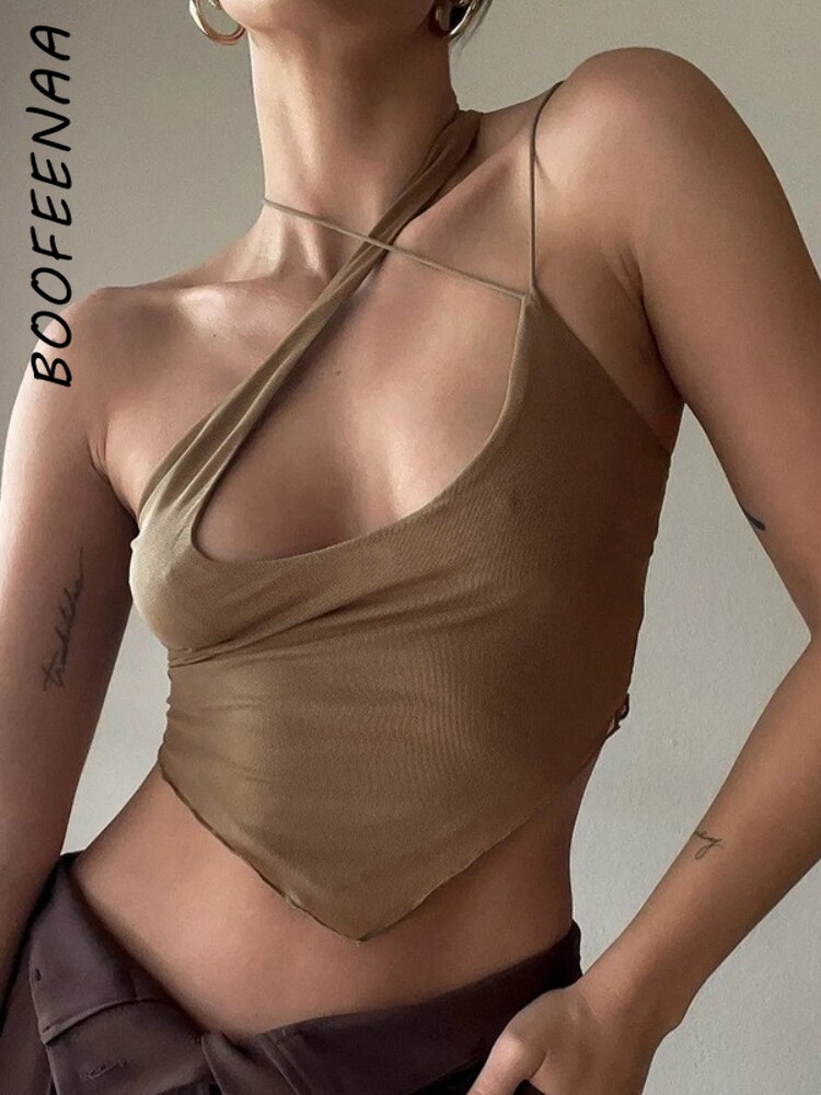 BOOFEENAA Y2k Streetwear Asymmetrical Crop Tops for Women Summer Sexy Tanks Camis Brown Mesh Sheer Irregular Halter Top C85-BZ10