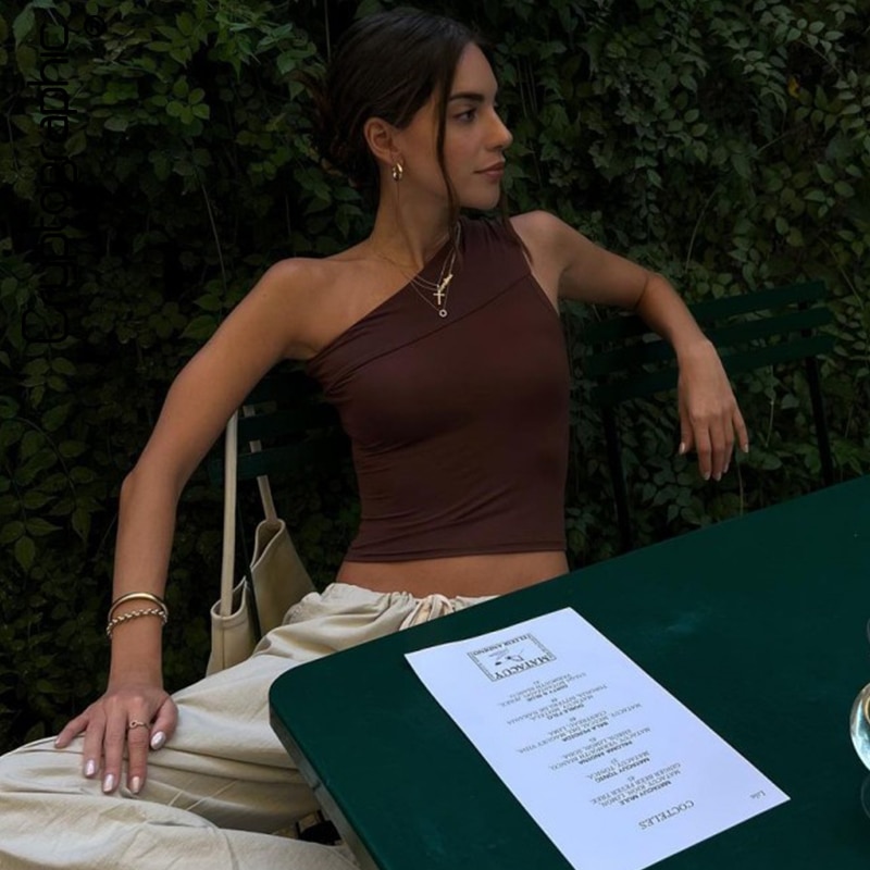 Cryptographic Brown Summer Irregular Sleeveless Crop Tops for Women Club Party Sexy Backless Top Tees Vest Streetwear Fairycore