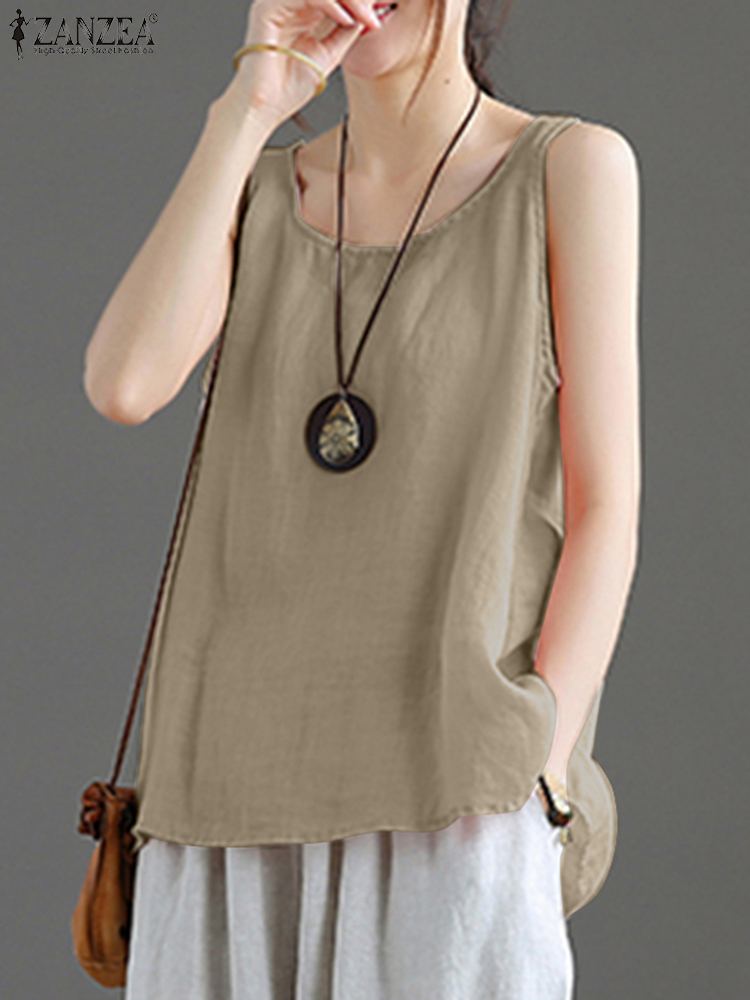 ZANZEA O-Neck Sleeveless Solid Color Camisole Summer Fashion Tunic Tank Tops Casual Beach Holiday Vest Blouse Women Loose Shirt