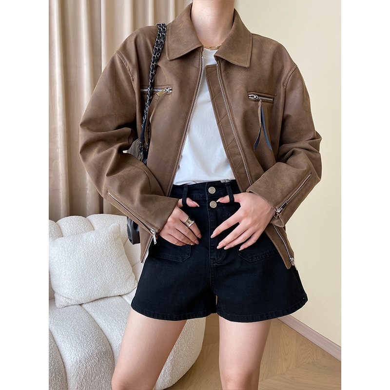 Women Vintage Pu Leather Mote Jacket Brown Black Oversized Coat