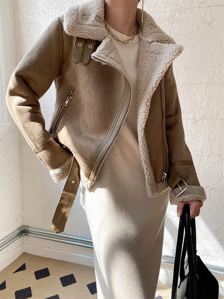Winter Women Short Brown Jacket Faux Shearling Sheepskin Leather Jackets Motorcycle Outwear Thick Warm Suede Lamb Coats 2023 New