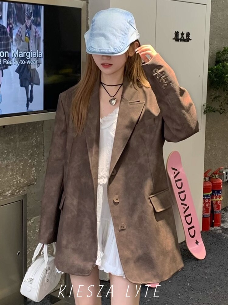 Street Fashion 2023 Autumn New Vintage Style Matte Crocodile-Print Faux Leather Blazer Women's Casual Loose Brown Jacket Coats