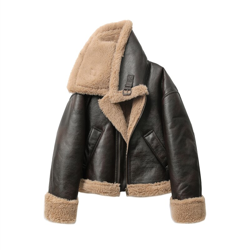 Autumn Winter Jackets for Women Thickened Warm Double-sided Short Jacket Women's Brown Coat Loose Long Sleeved Motorcycle Jacket