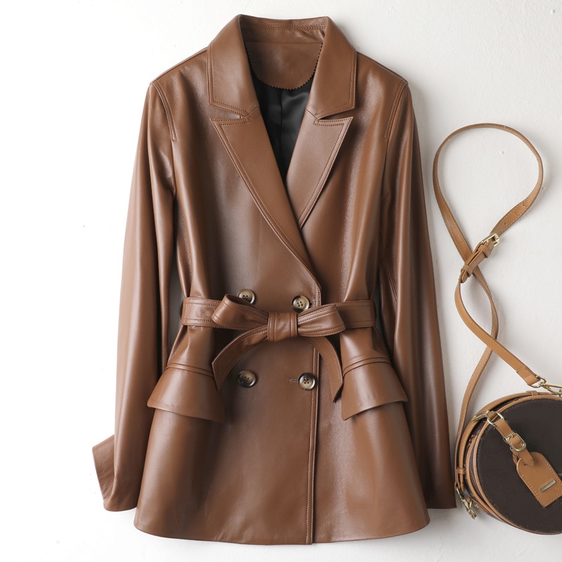 Julypalette Vintage Brown Sheepskin Blazer Jackets for Women 2023 Lapel Collar Double Breasted Button Ladies Real Leather Coats