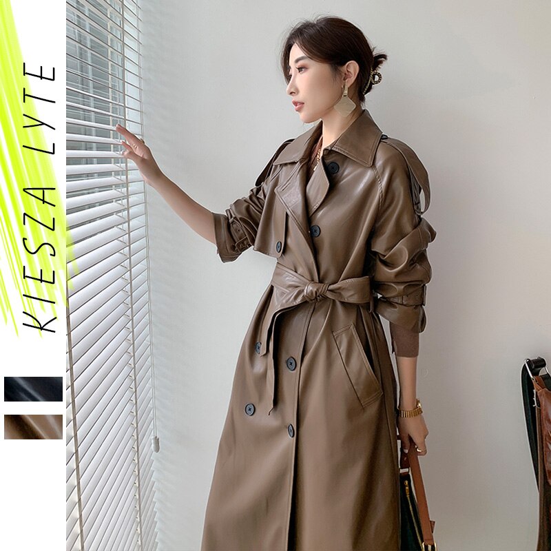 Women Long PU Leather Trench Coat Black Brown Sashes Loose Faux Leather Coats Jacket 2023 New Fashion Clothing Good Quality