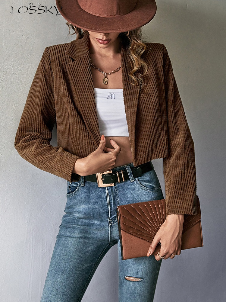 Autumn Corduroy Blazer Women Fashion Slim Brown Short Jacket Elegant Solid Cardigan Casual Streetwear Coats Ladies 2022