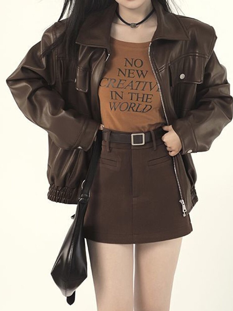 Punk Fashion Brown Leather Jacket Women Streetwear Zipper Moto Biker Leather Coat Loose High Street Aviator Leather Jacket Woman