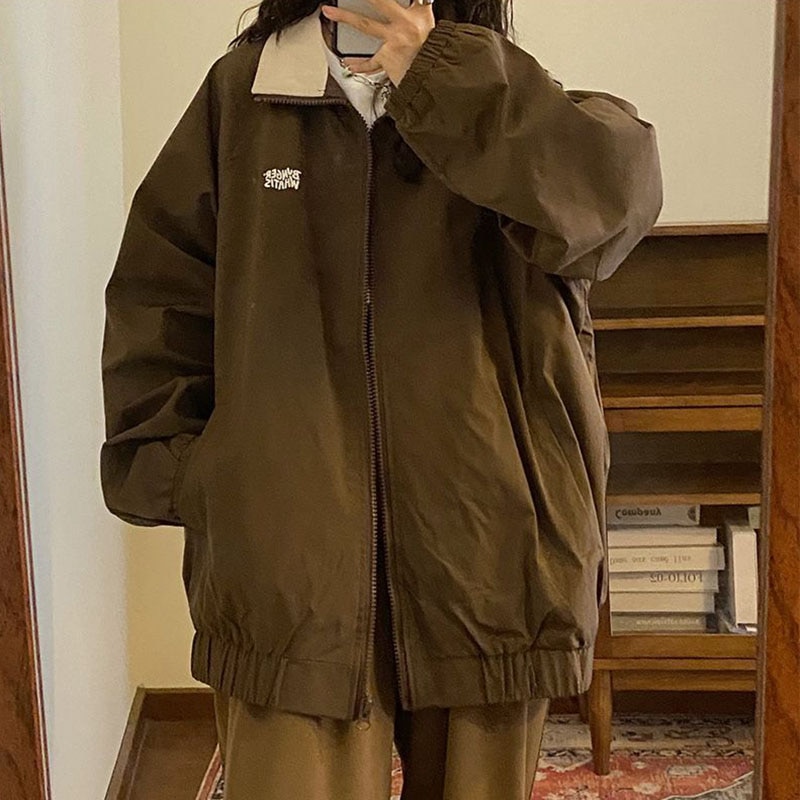 Xpqbb Vintage Brown Bomber Jackets Women Y2K Streetwear Patchwork Turndown Collar Outwear Coat Teens Loose Zip Baseball Jacket