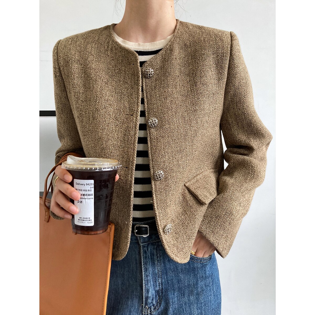 Women's Single Button Tweed Crop Jacket Brown Gray Short Blazer