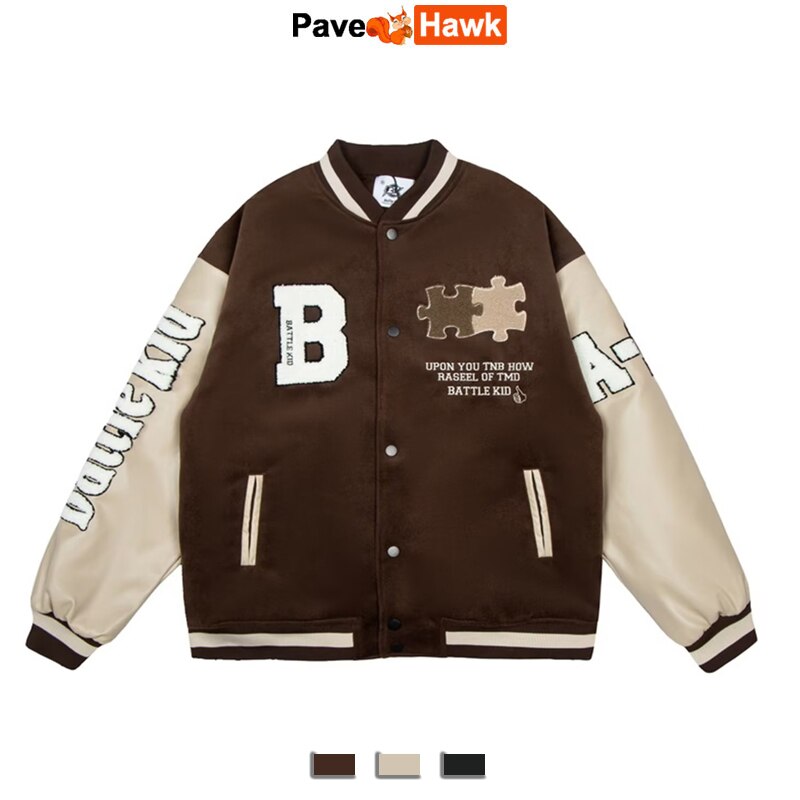 Vintage Baseball Jacket Men Women Brown Patchwork Letter Flocking Harajuku Coat Unisex Causal Street Bomber Varsity Outwear New