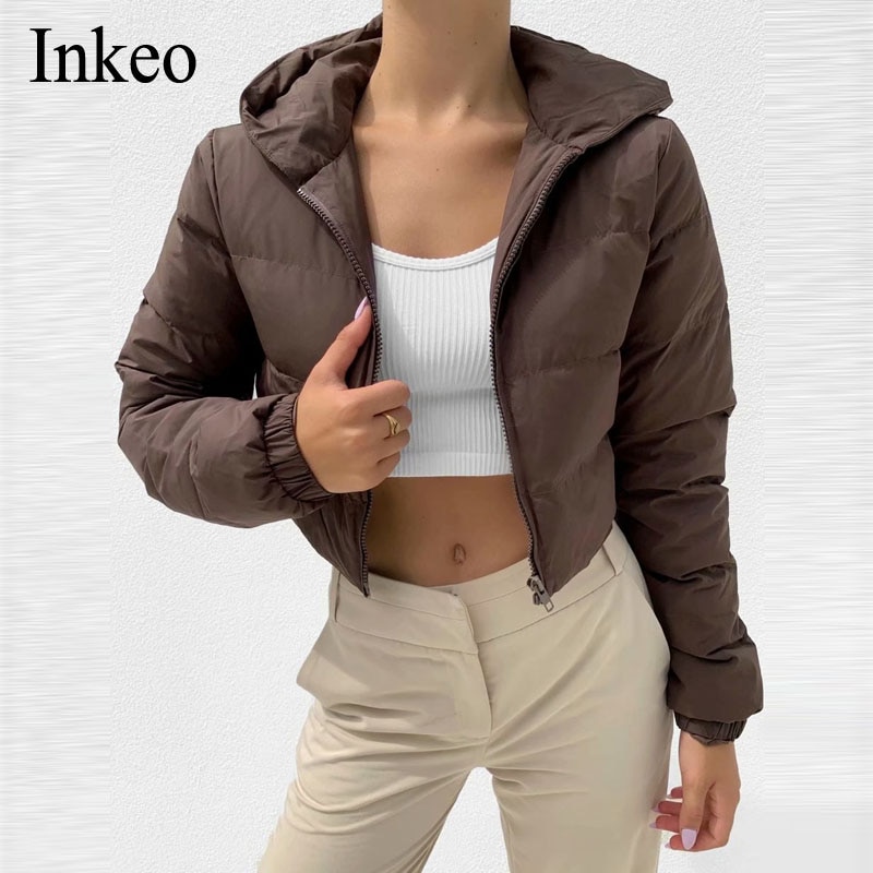 Women Newest cotton padded jacket Brown Black Autumn Winter Hooded short coat Zip Parkas Warm Fashion Ladies  INKEO 1O064