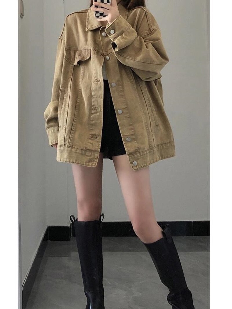 Vintage Clothes American Brown Denim Long Jacket Women Spring Womens Jackets And Coats Autumn Tunic Gyaru Korean Streetwear