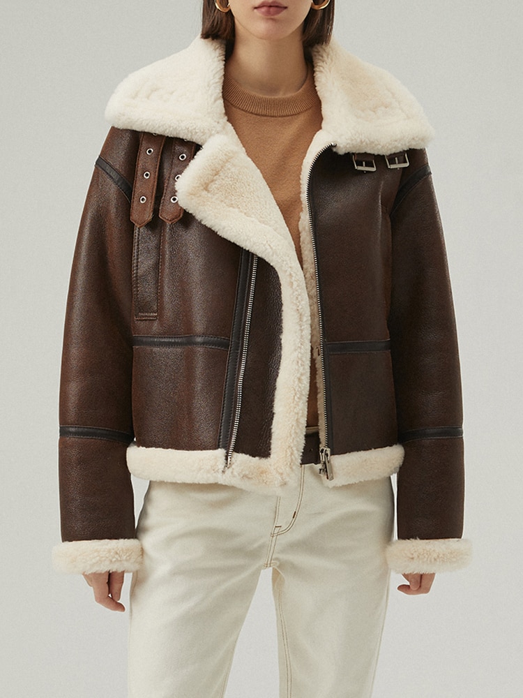 New Womens Shearling Jacket Short Fur Coat Brown Leather Jacket Thicken Wool Coat Winter Motorcycle Jacket