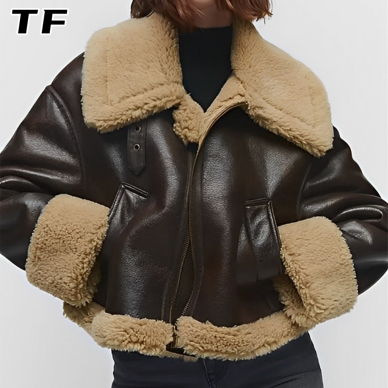 2023 Autumn Winter Lapel Jacket New Women's Thickened Warm Double-sided Short Women's Brown Coat Street Tide Motorcycle Clothing