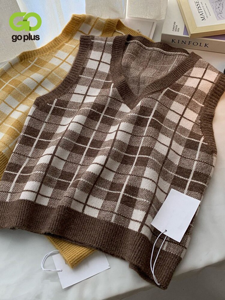 GOPLUS Sweater Tops Pull Vintage Brown Black Green Sweaters Vest Women Plaid Knit Top V Neck Korean Vest Weste Pullover C11638