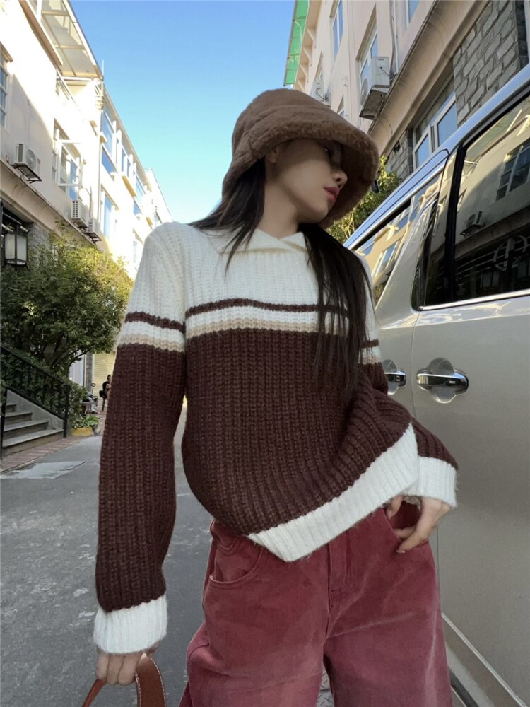 Brown Turn-down Collar Pullover Knit Vintage Korean Style Sweater Woman Winter 2023 Contrast Color Design Fashion Warm Sweater