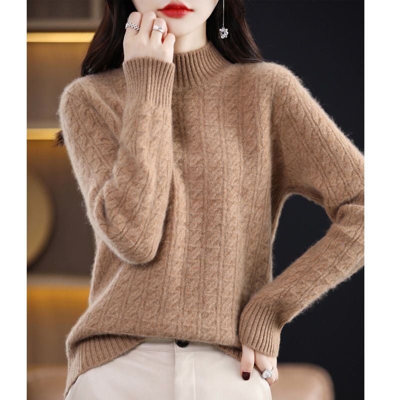 2023 Half High Collar Autumn/Winter New Knitwear Pullover Sweater Women's Versatile Twisted Pattern Sweater Loose Bottom Top